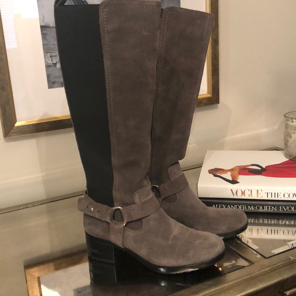 Gray and black boots